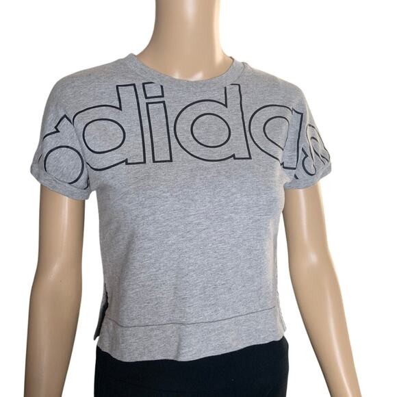 Adidas Women's Small Crop Top Graphic Logo Short Sleeve Gray Black 100% Cotton - Picture 6 of 6